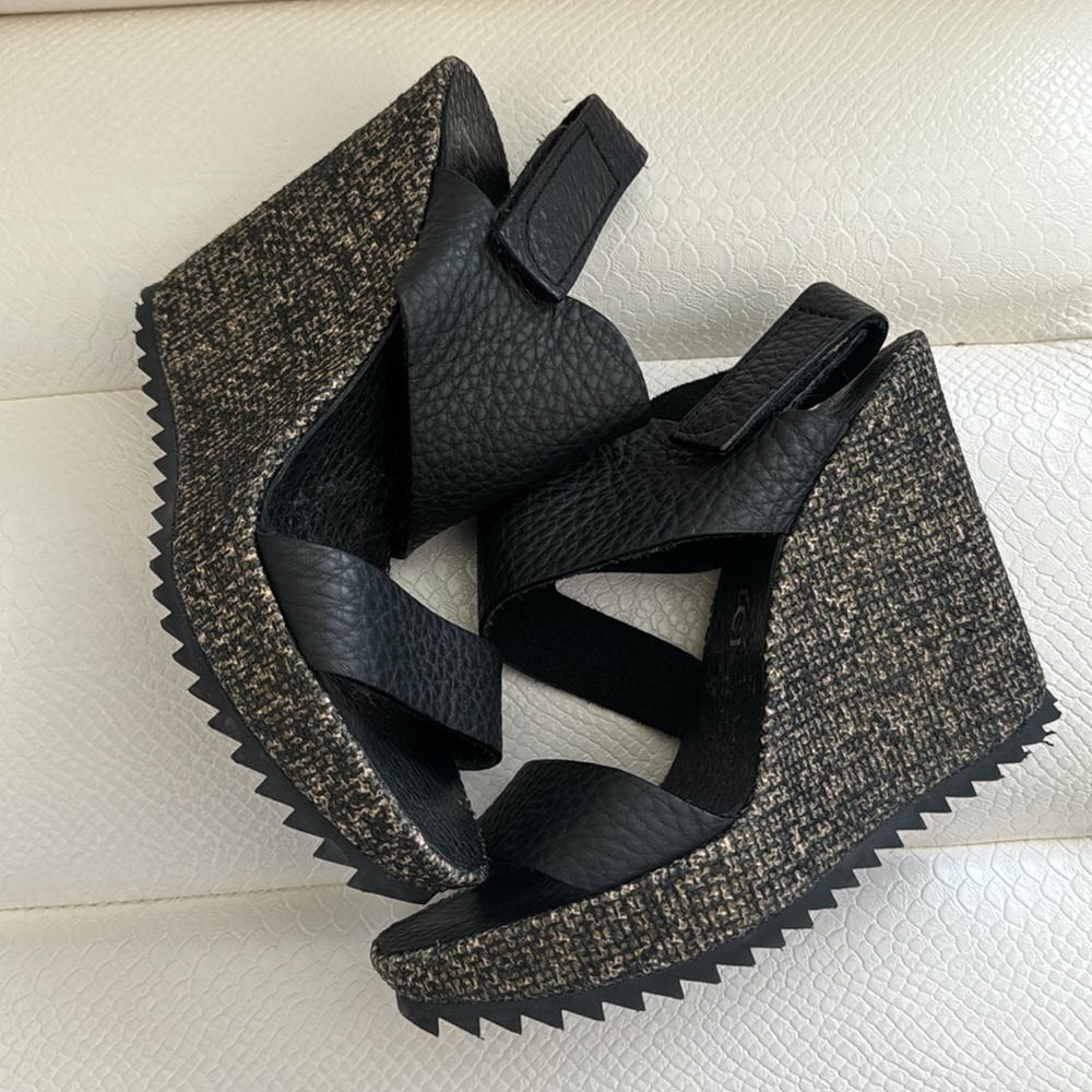 Pedro Garcia Black Leather Cutout Slingback Wedge Sandals